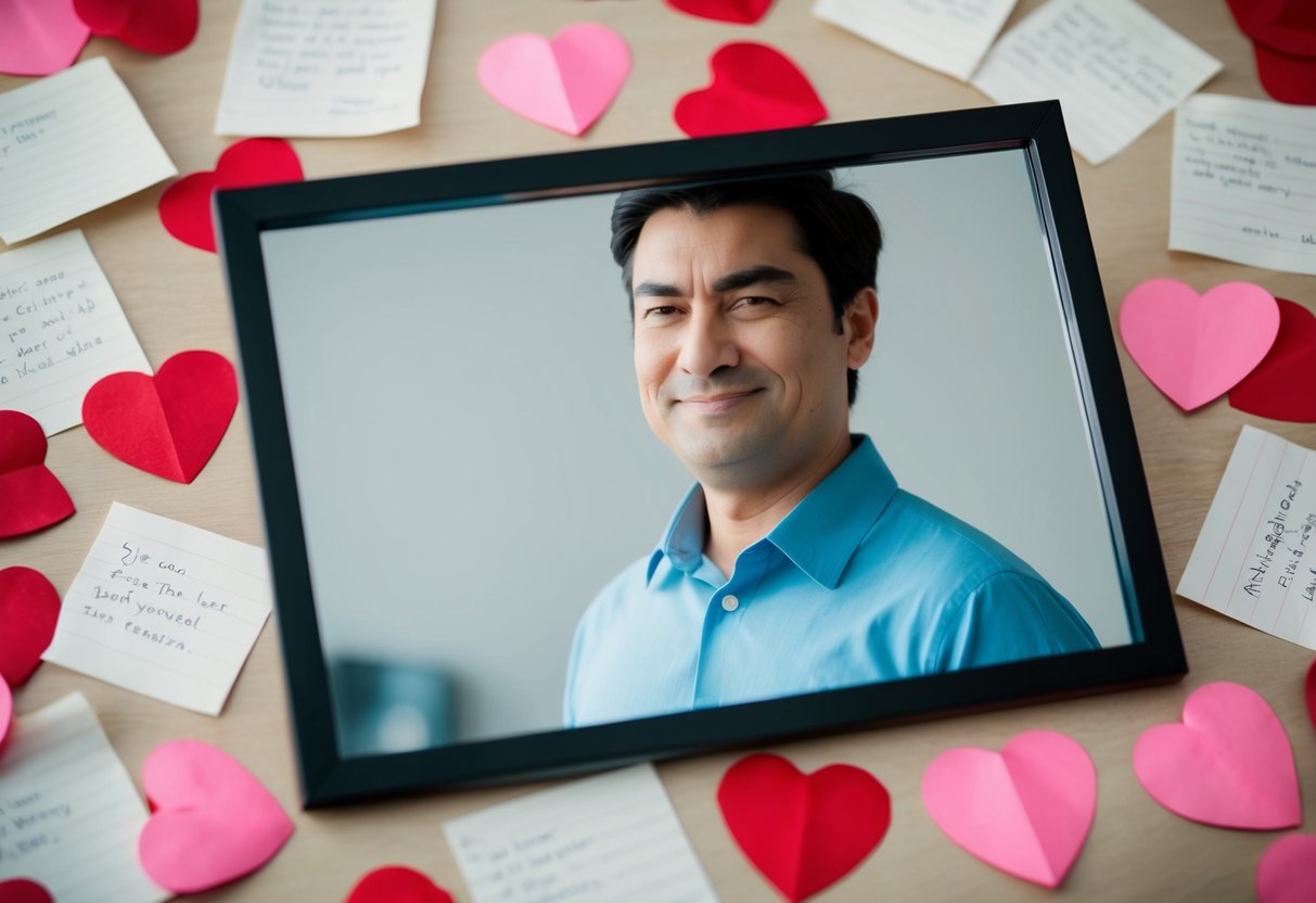 A mirror reflecting a person's face with a smug expression, surrounded by discarded love notes and broken hearts