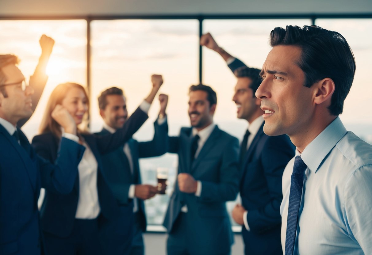 A lone figure looks on as a group celebrates success, their face twisted with envy and resentment