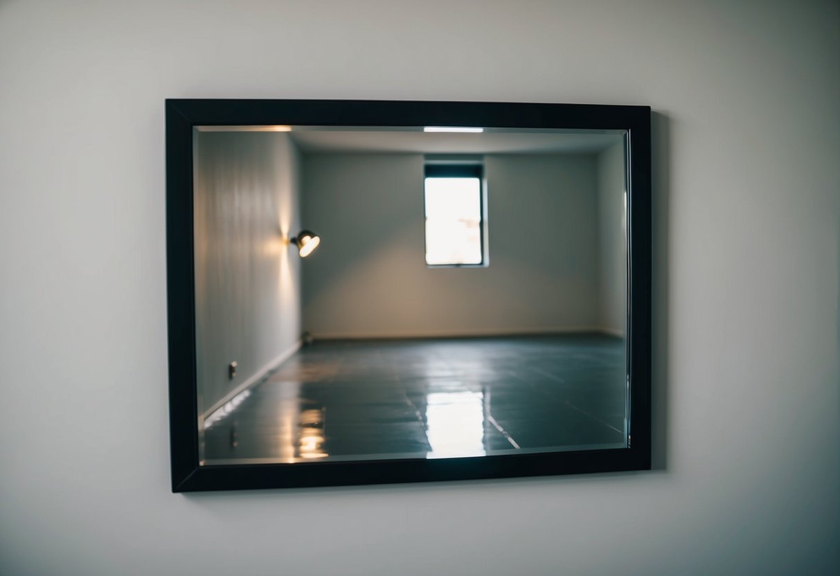 A mirror reflecting an empty room with a single spotlight