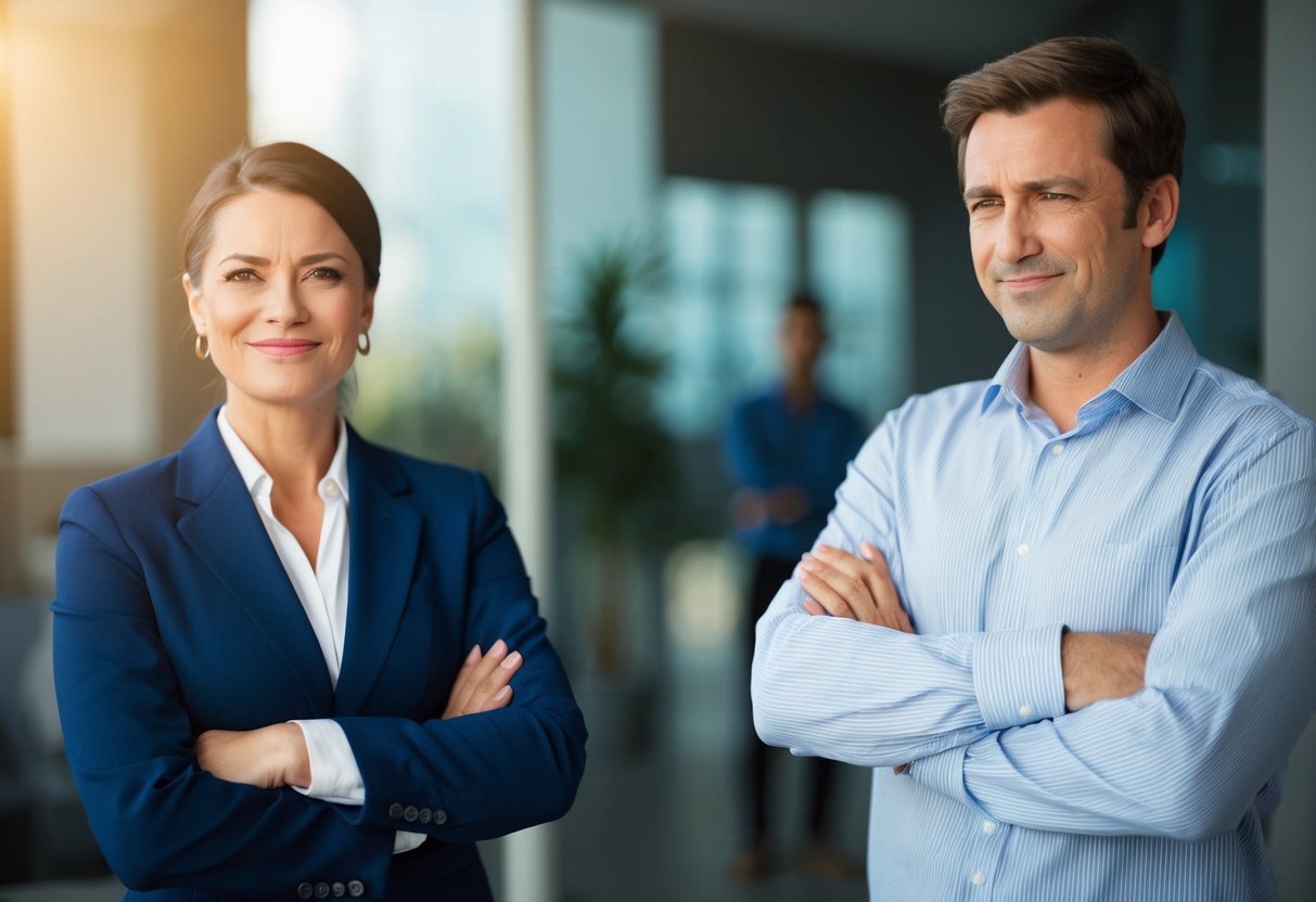 A person standing with a forced smile while their partner looks smug and dismissive, with crossed arms and a raised eyebrow