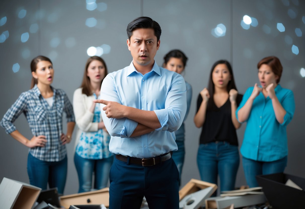 A person standing with arms crossed, pointing accusingly at someone else while surrounded by broken objects and upset bystanders