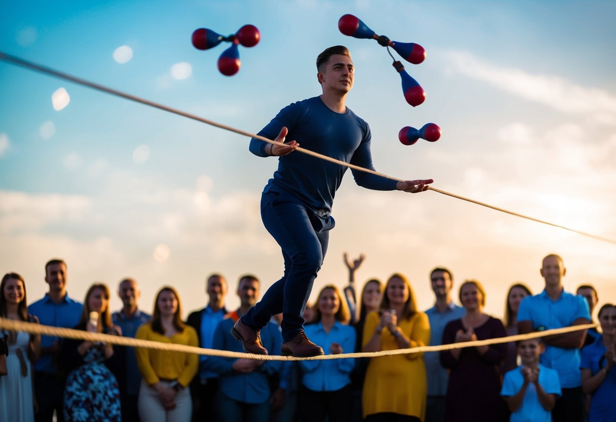 A person walking on a tightrope while juggling multiple objects, with a crowd watching in anticipation