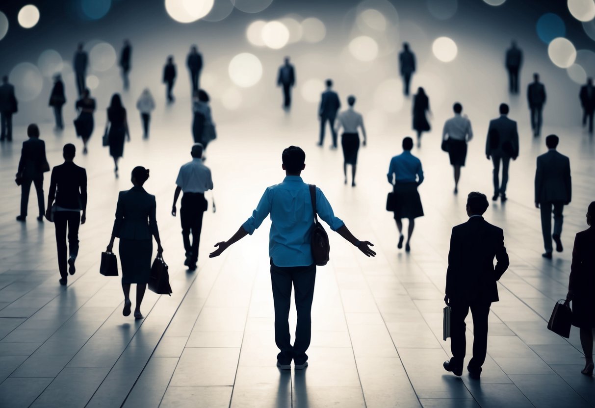 A person standing alone in a crowd, surrounded by disconnected silhouettes. Their outstretched hand goes unnoticed as others pass by