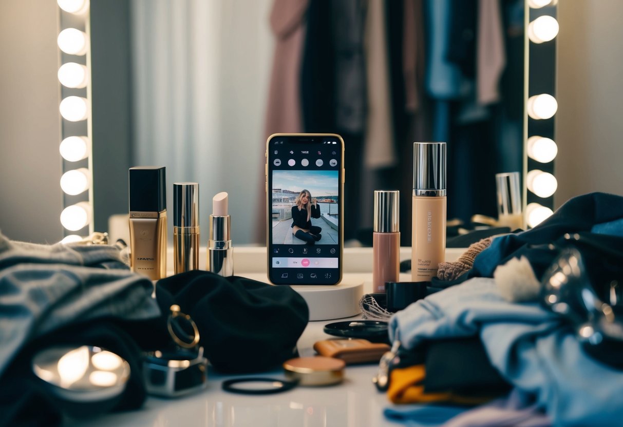 A mirror reflecting various beauty products and a smartphone with a camera app open, surrounded by discarded clothing and accessories