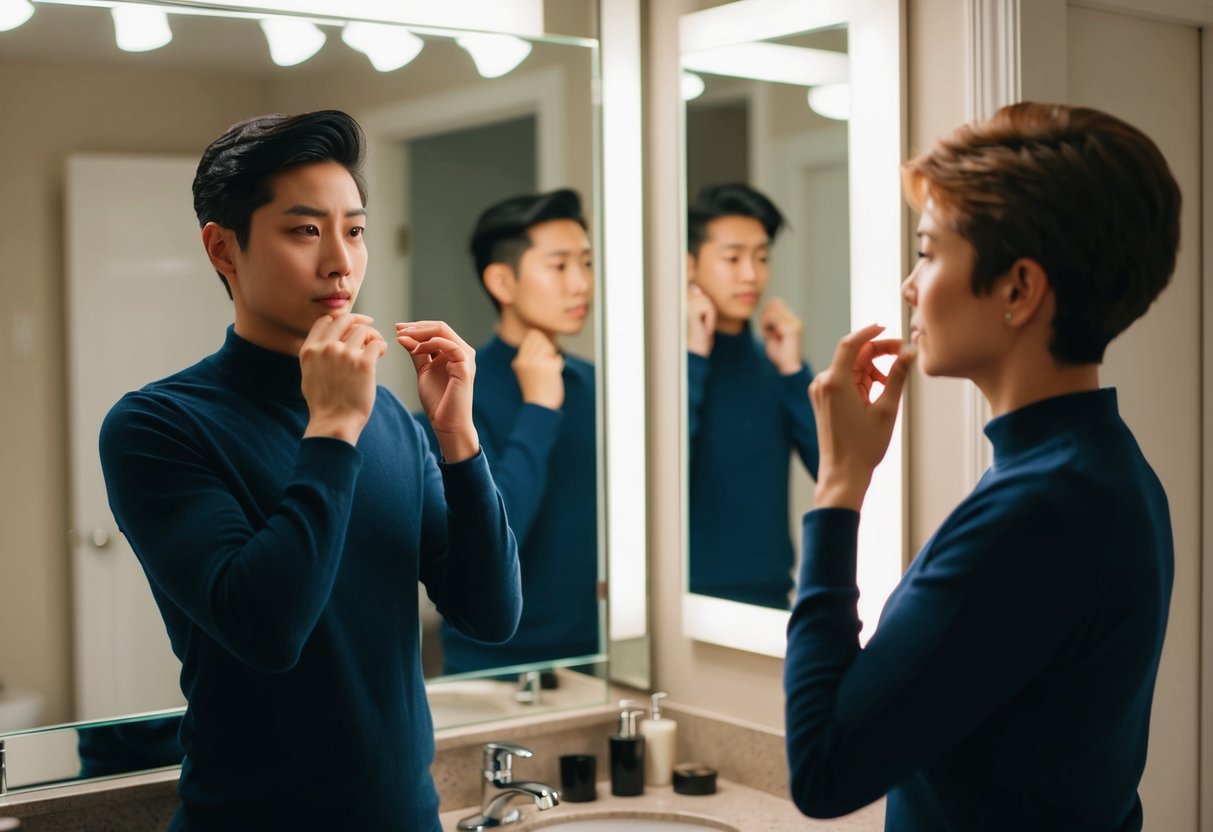 A person standing in front of a mirror, meticulously adjusting their appearance while their partner looks on with a mix of admiration and concern