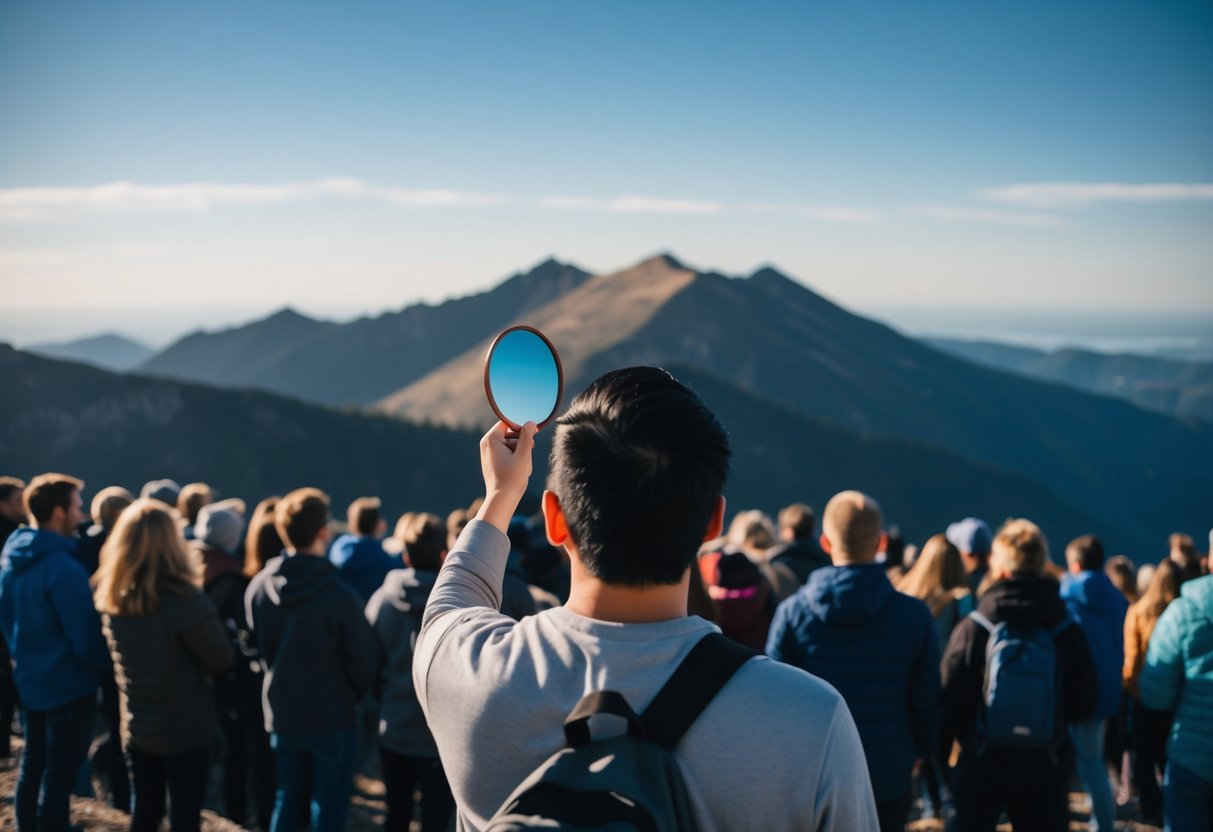 A person standing on top of a mountain, looking down on a crowd of people while holding a mirror up to their own face