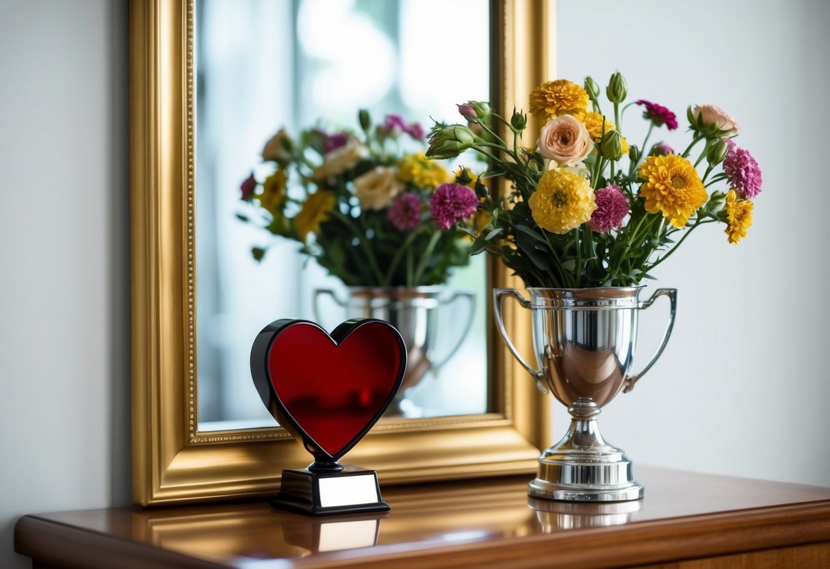 A mirror reflecting a bouquet of wilting flowers and a broken heart-shaped trophy