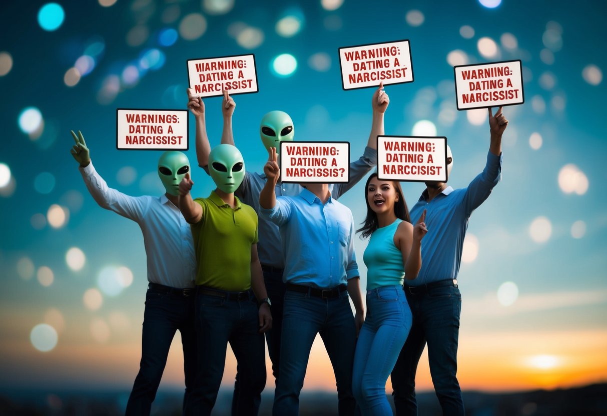 A group of alien friends and family members frantically signaling warnings about dating a narcissist