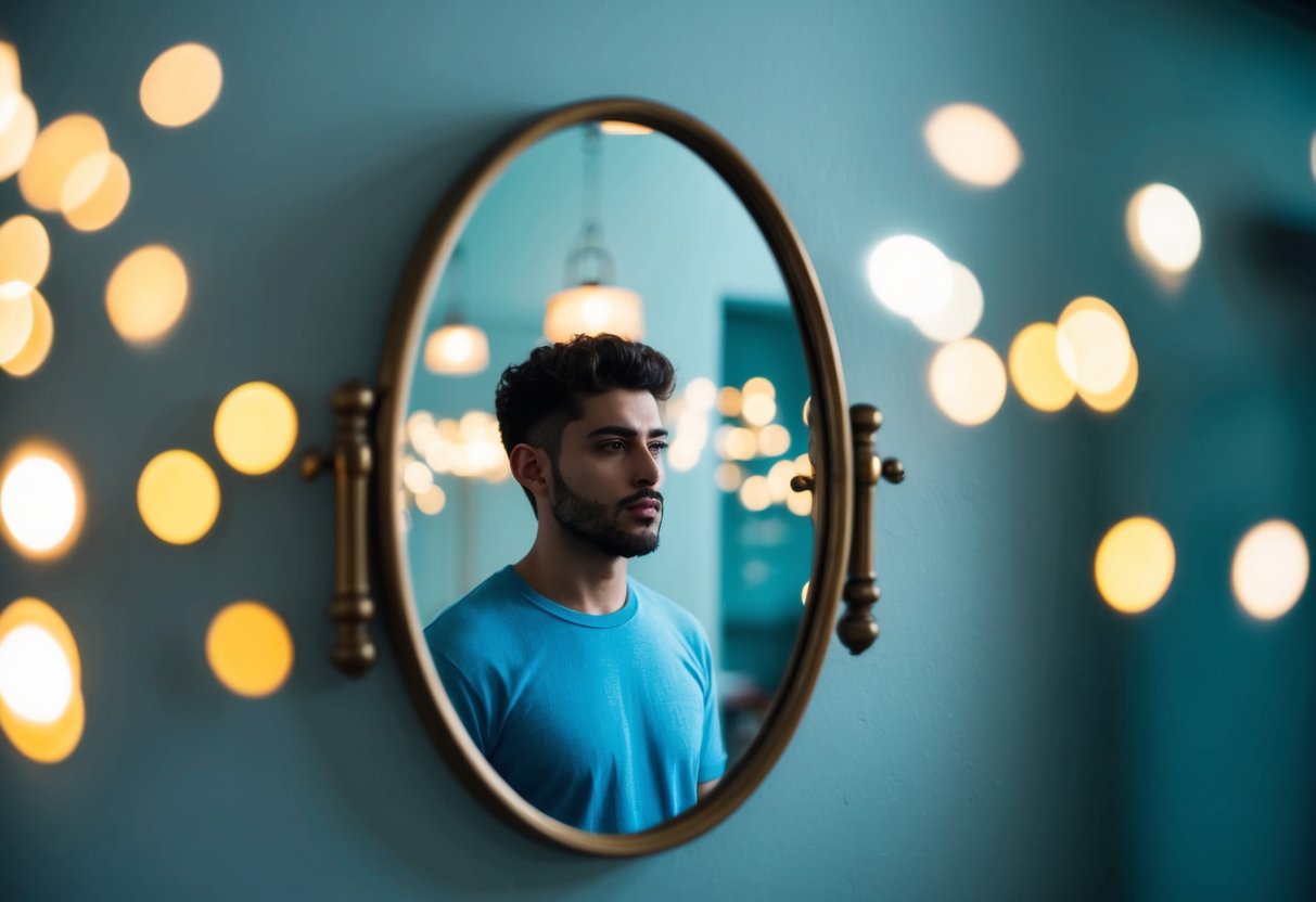 A mirror reflecting a person's image while the surrounding environment appears distorted and manipulated, symbolizing the narcissist's self-absorption