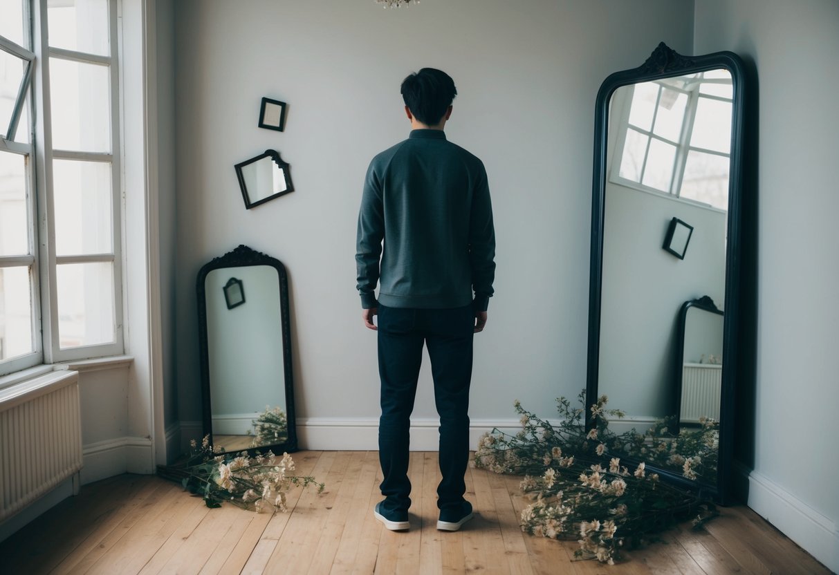 A person standing alone in a room, surrounded by broken mirrors and wilted flowers