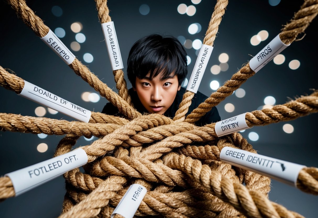 A person surrounded by tangled ropes, each labeled with a different aspect of their identity, being pulled in different directions