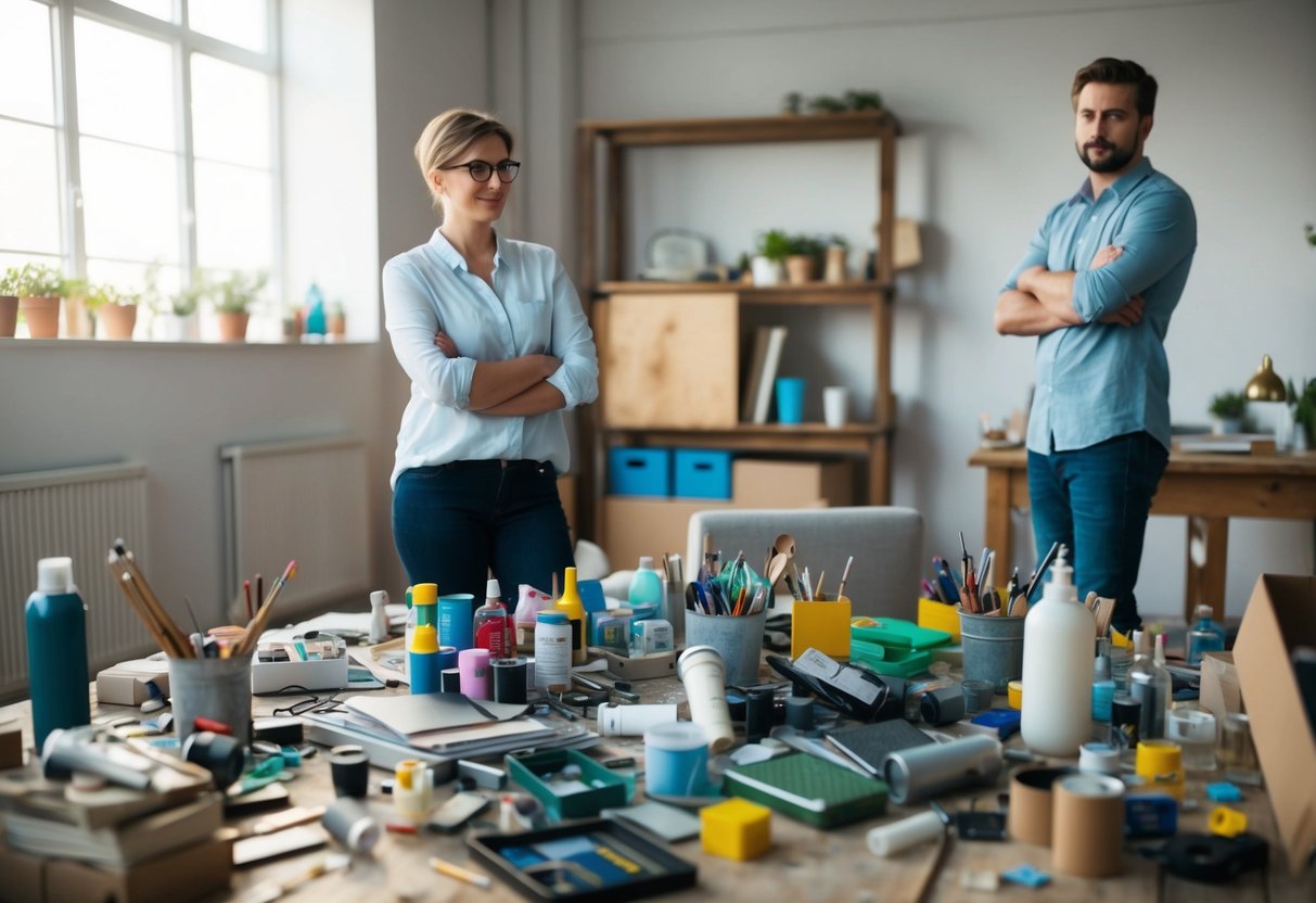 A person surrounded by scattered art supplies and neglected hobbies, while their partner stands waiting with crossed arms