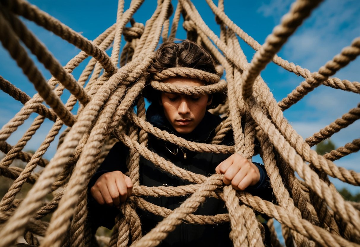 A person surrounded by tangled ropes, losing themselves in a web of boundaries