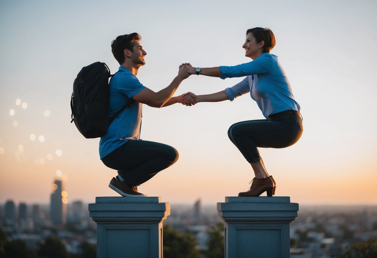 A person sitting on a pedestal, with their partner towering over them, holding the weight of their happiness