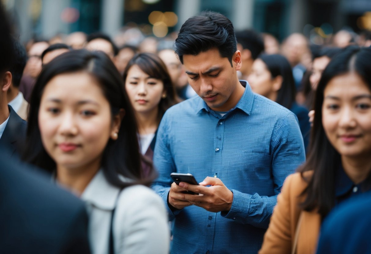 A person standing in a crowd, surrounded by blurred faces, looking down at their phone with a pensive expression