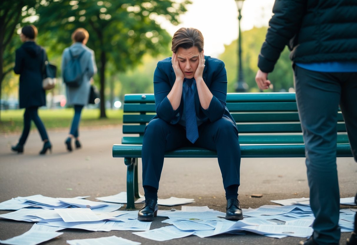 A person sitting on a park bench, surrounded by scattered papers and a look of frustration on their face. They are avoiding eye contact with others passing by