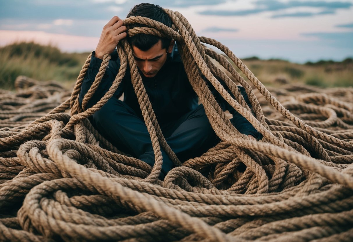 A person surrounded by tangled ropes, losing themselves in the entanglement