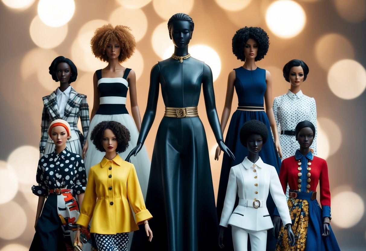 A figure surrounded by various fashion styles, each representing a different relationship influence