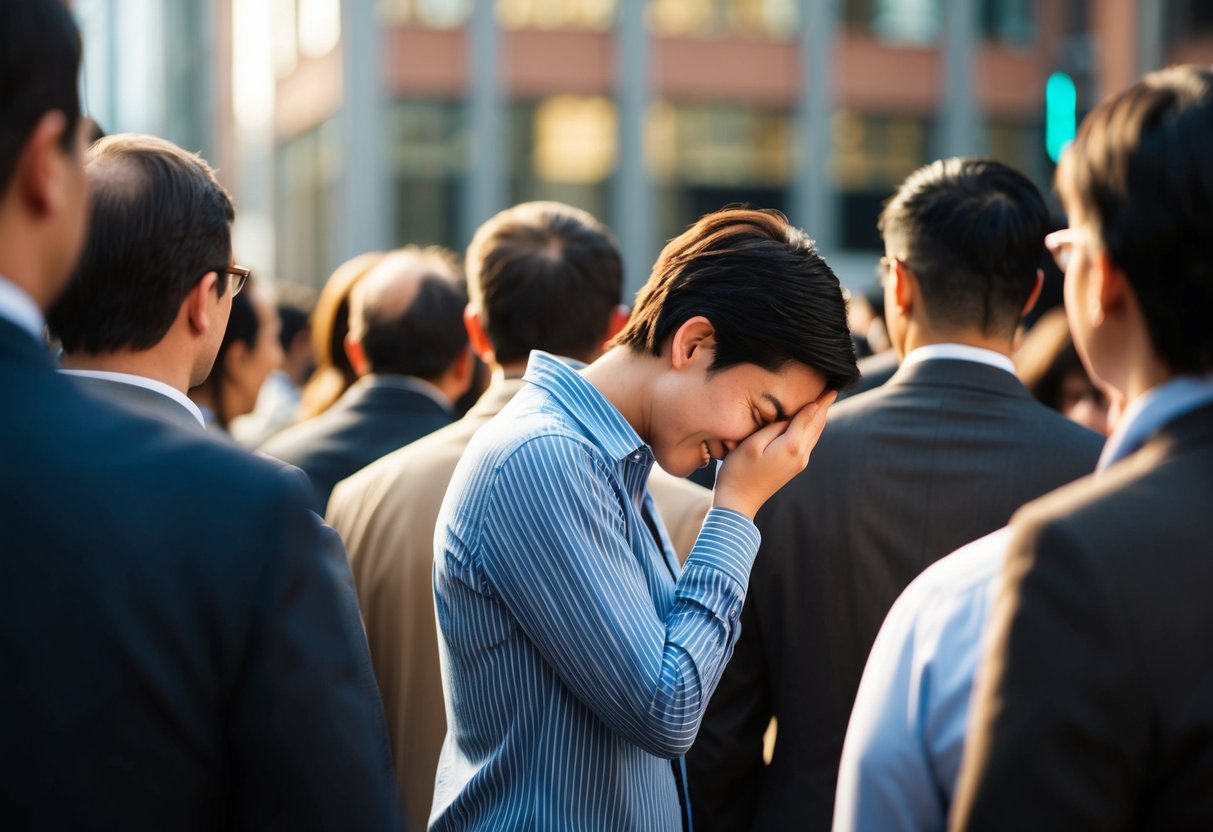 A person standing in a crowd, surrounded by others. Their body language shows them shrinking inward, with a forced smile on their face