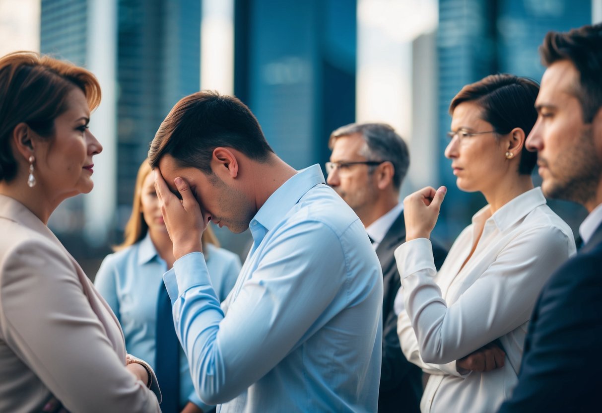 A person standing with head bowed as others around them speak or act disrespectfully