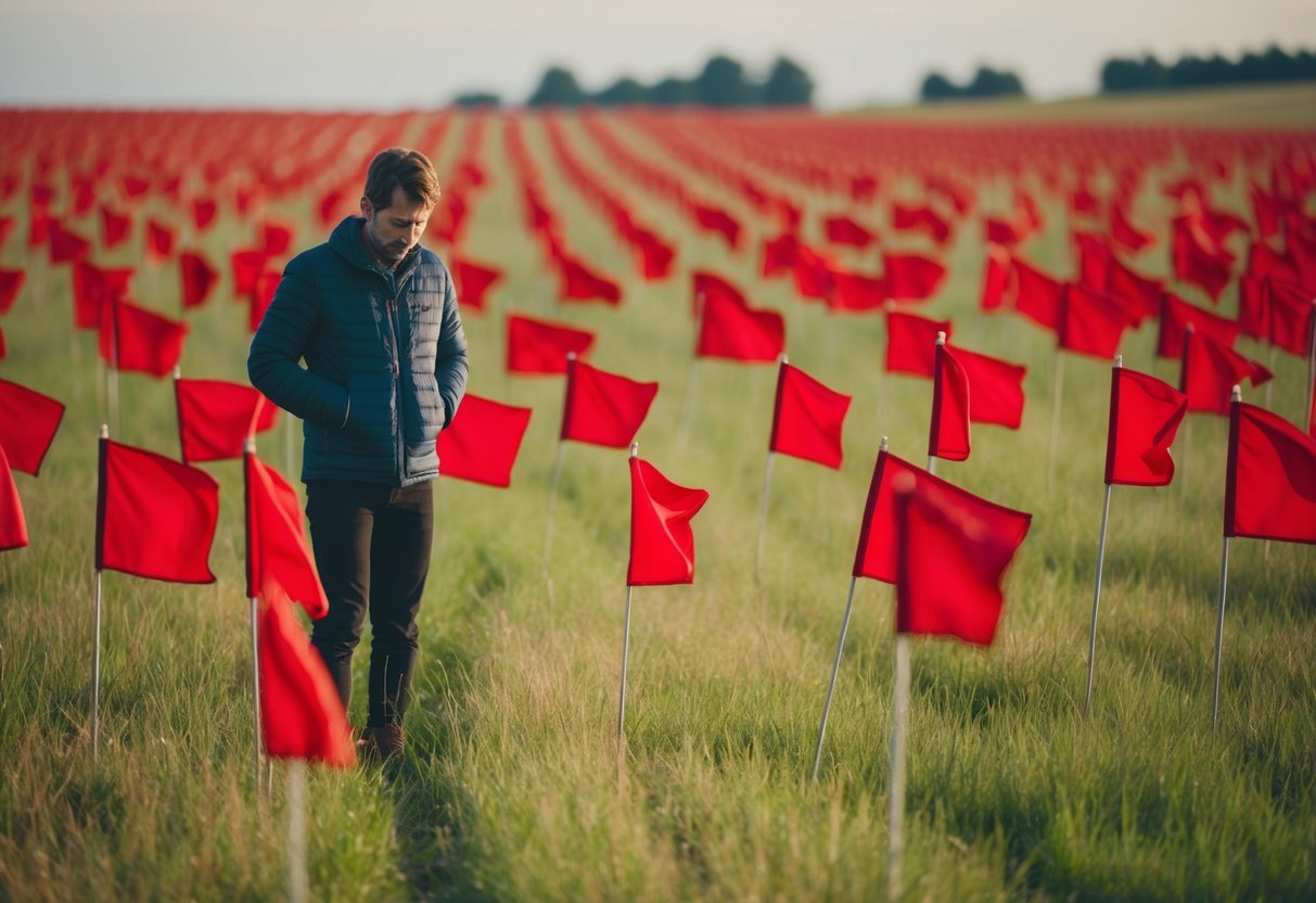 A person standing in a field of red flags, oblivious to their surroundings