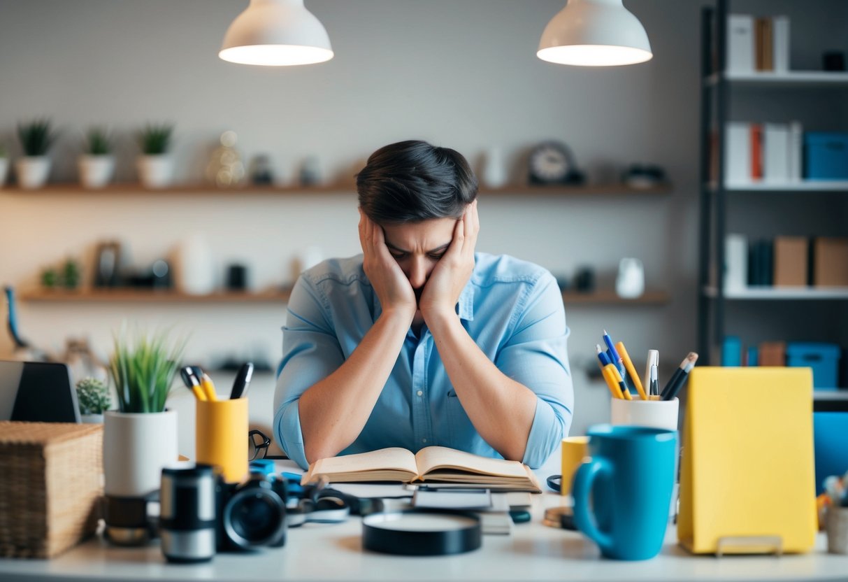 A person surrounded by various objects and tasks, neglecting their own well-being for the sake of others