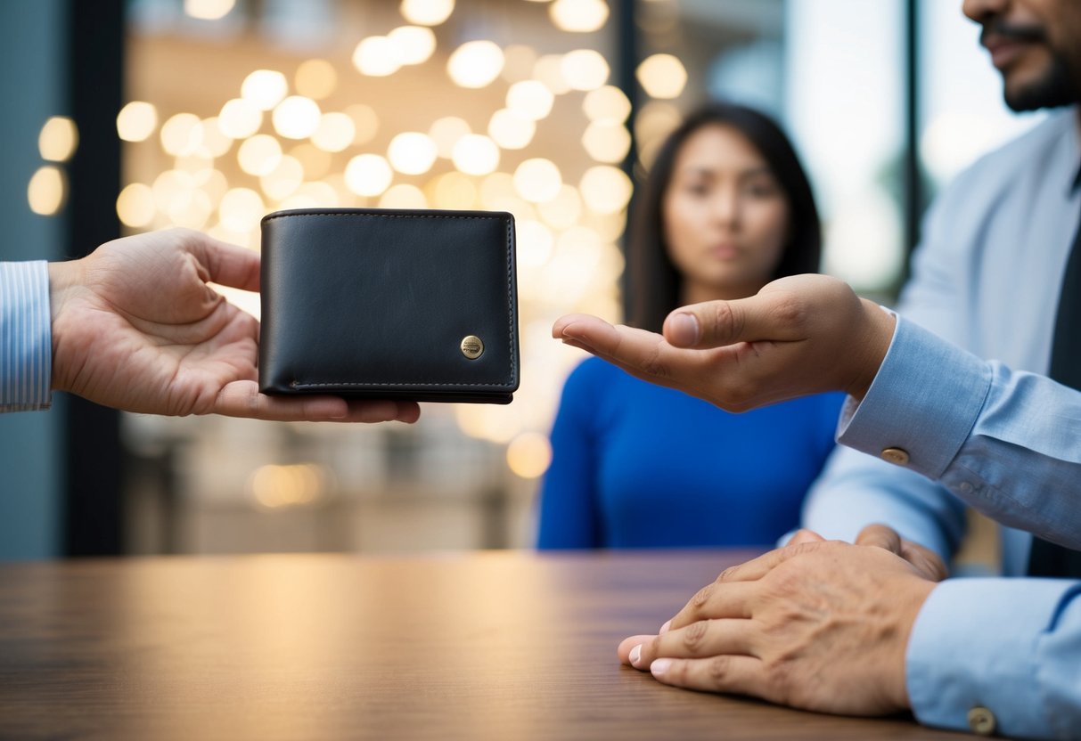 A person's wallet being handed over to another person, with a look of resignation on their face