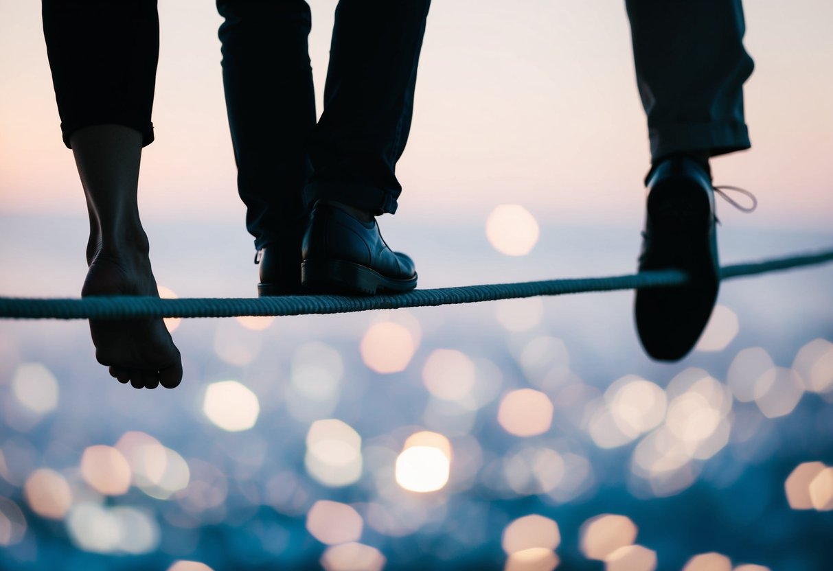 A person standing on a tightrope with one foot on each side, representing the delicate balance of emotional boundaries in relationships