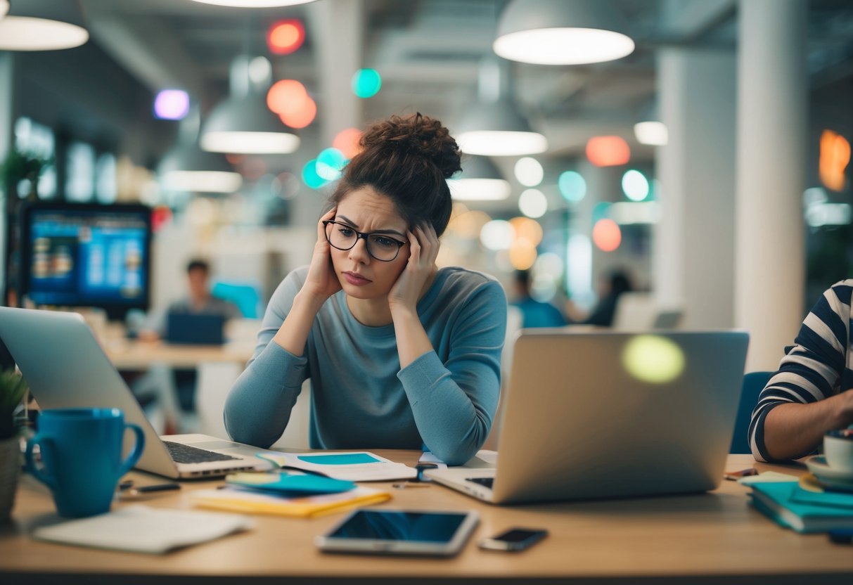 A person surrounded by various activities and responsibilities, but feeling overwhelmed and disconnected from themselves