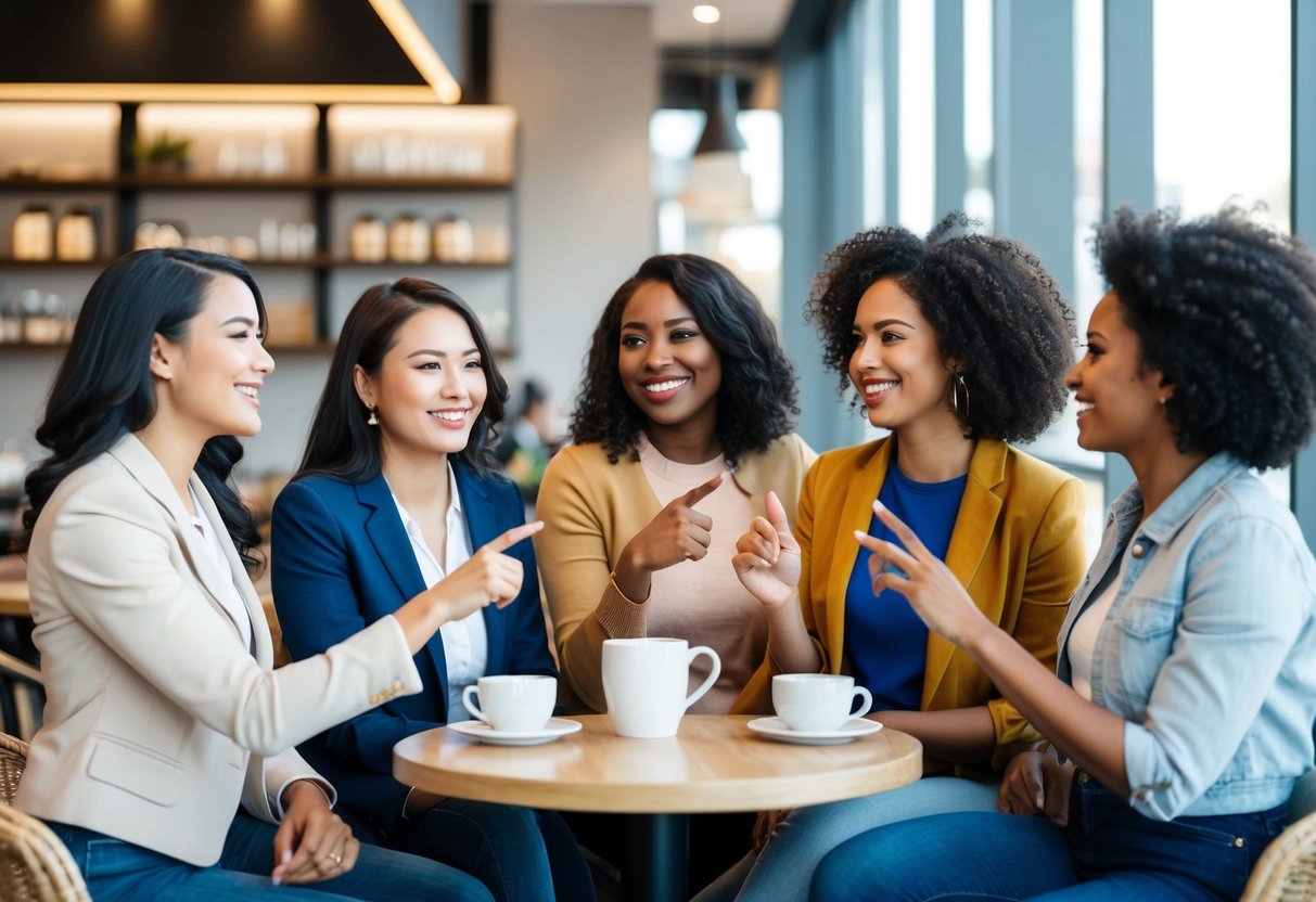 A group of diverse women confidently converse, gesturing and smiling, in a modern café setting