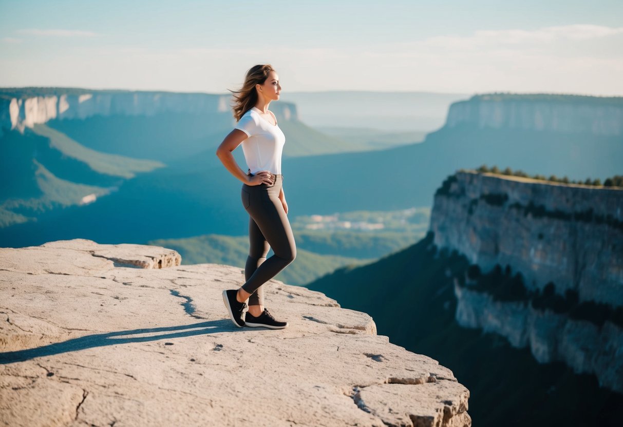 A woman standing confidently on a cliff, overlooking a vast and serene landscape, symbolizing her preference for meaningful connections over superficial ones