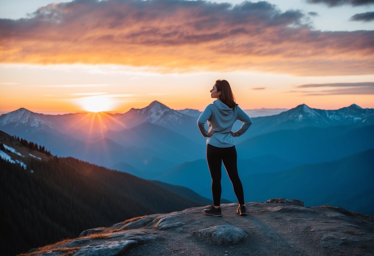 A woman confidently stands on a mountaintop, gazing out at a breathtaking sunset, feeling inspired and empowered to be her best self