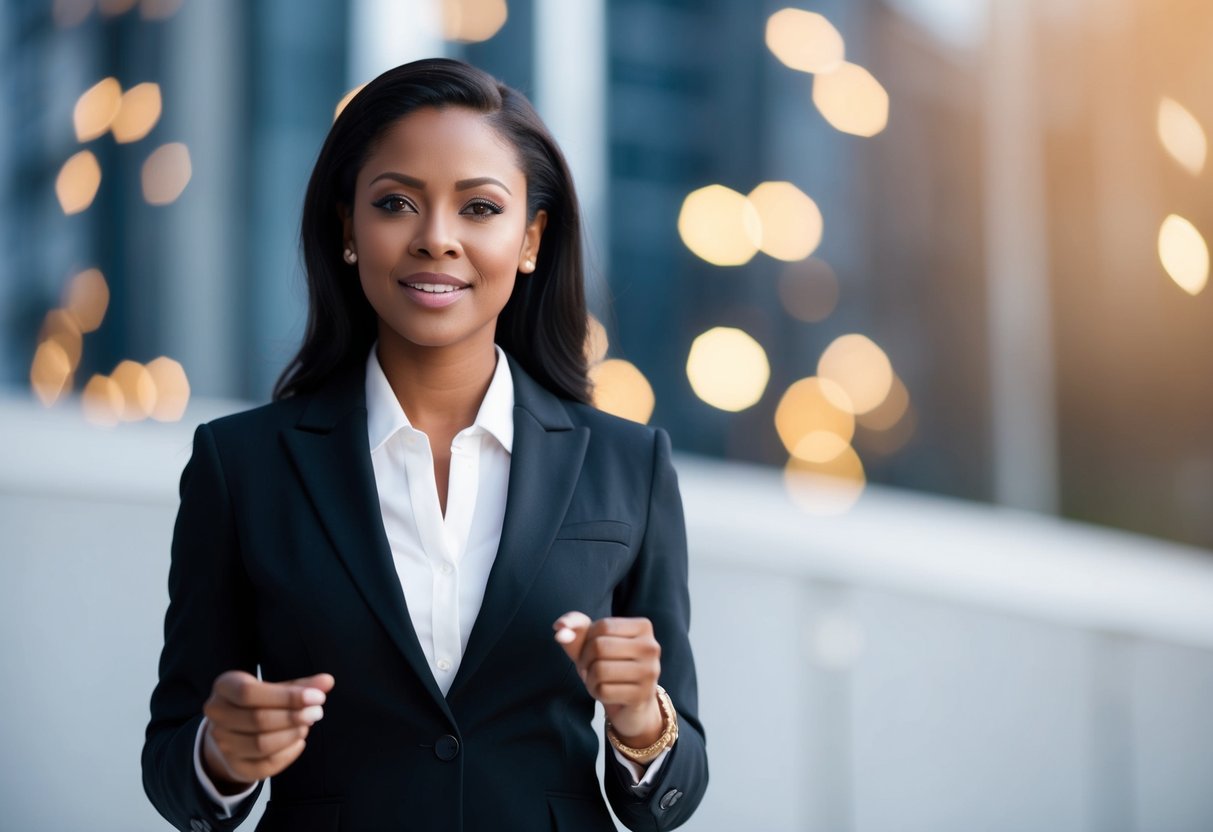 A confident woman standing tall with her head held high, speaking assertively with a calm and respectful tone