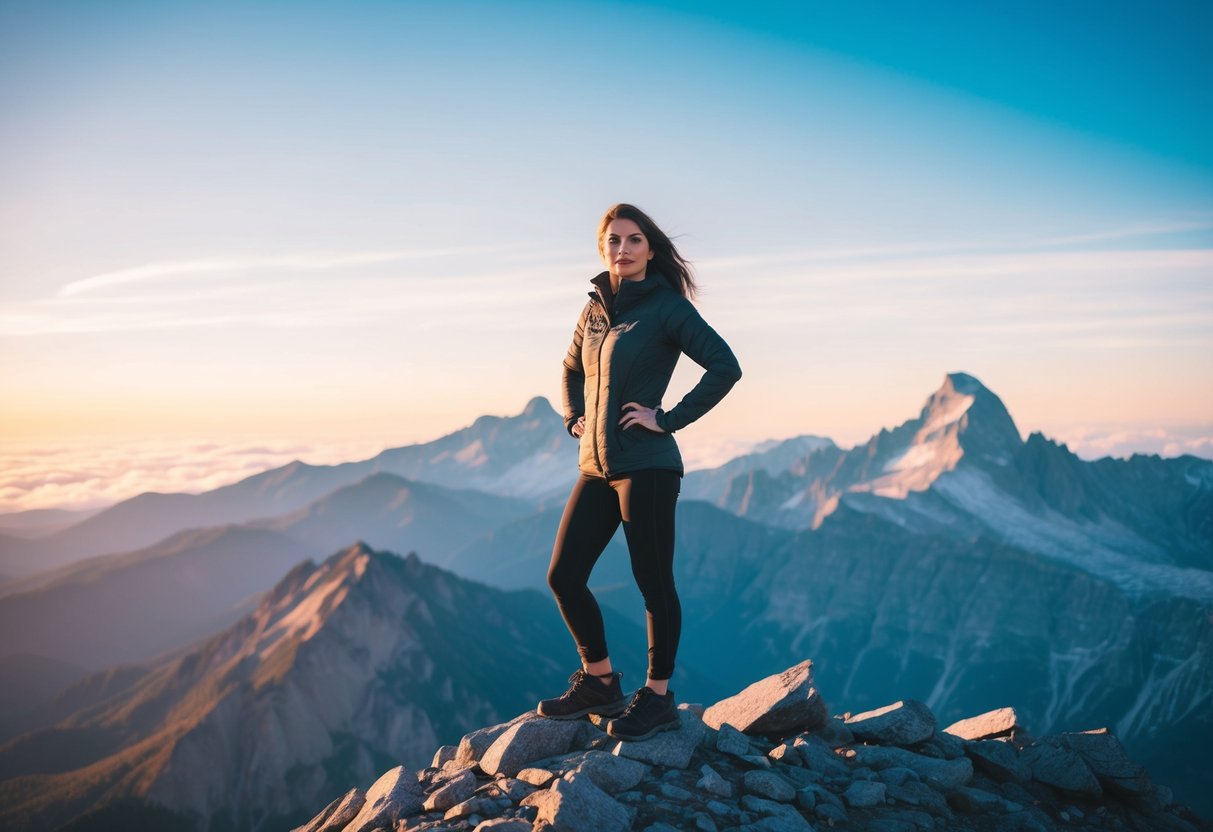 A woman standing confidently on a mountain peak, surrounded by a breathtaking landscape, with a look of determination and independence in her eyes