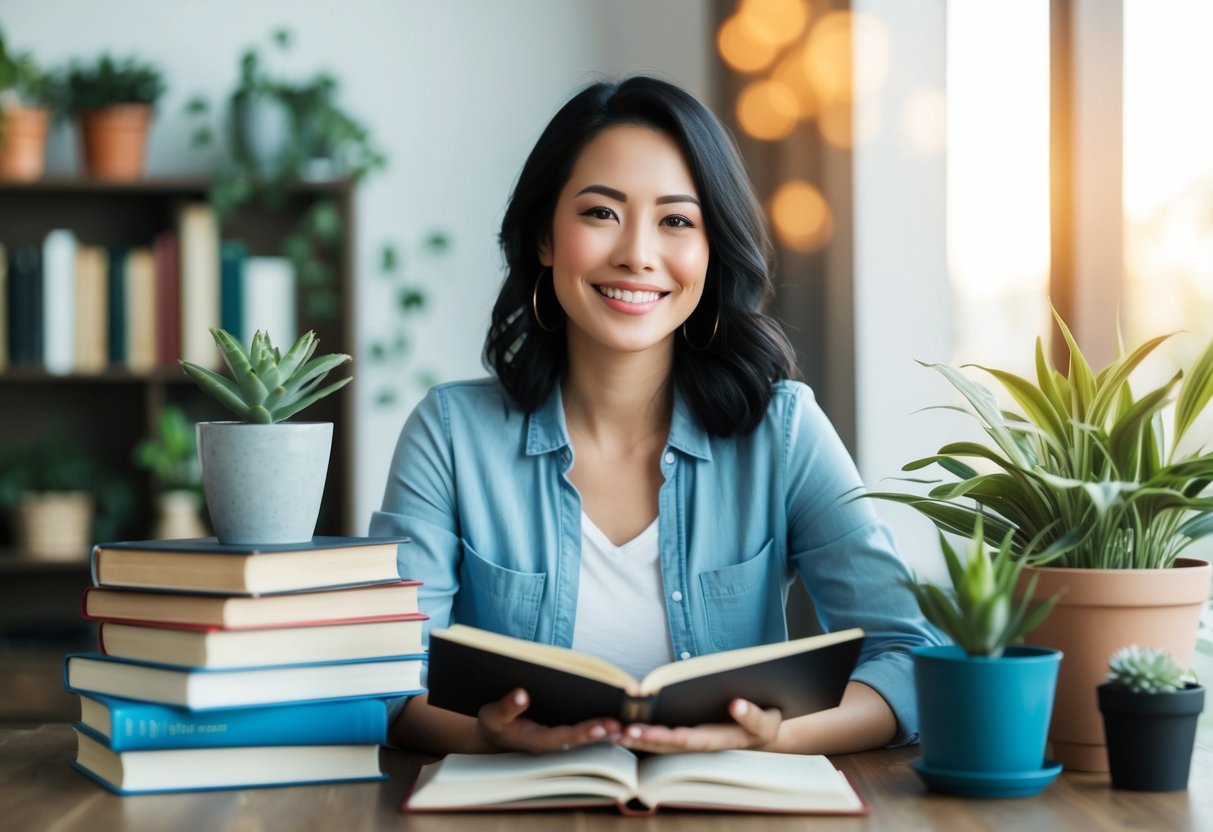 A woman surrounded by books, plants, and a journal, smiling confidently