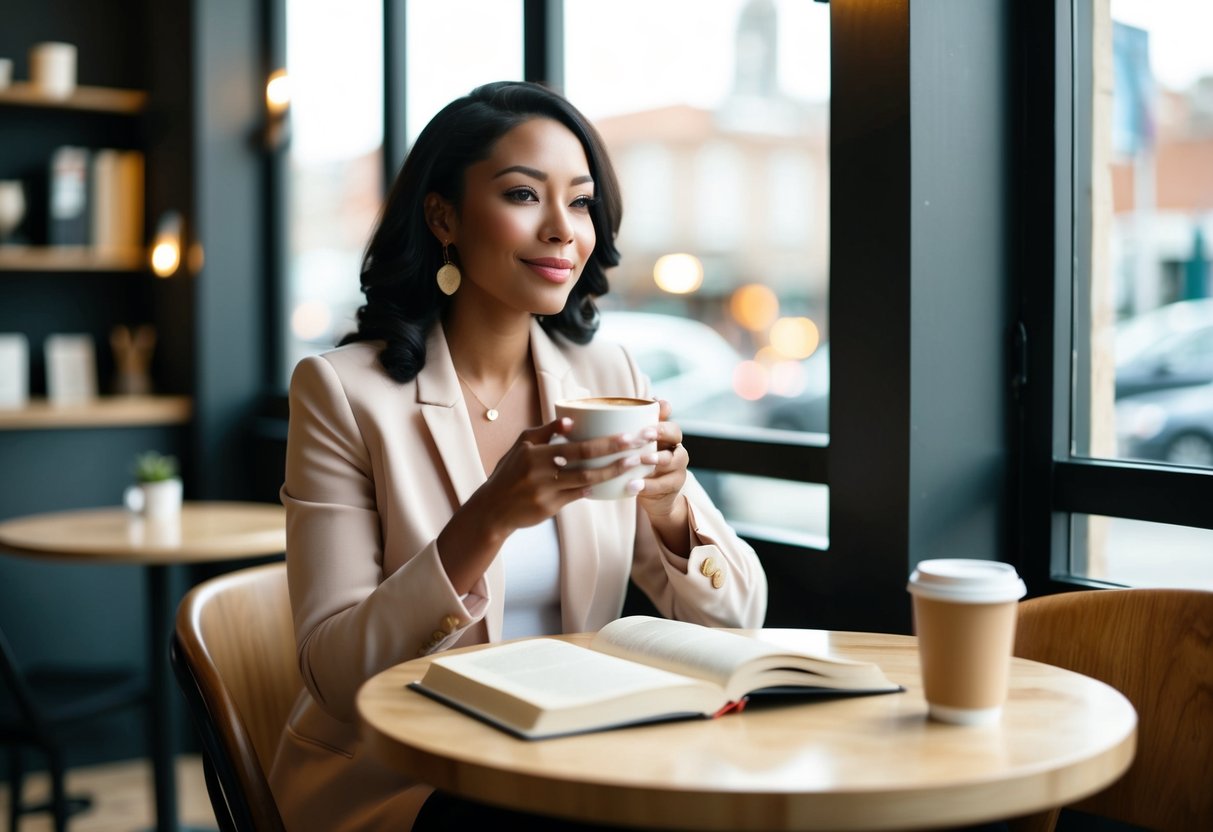 A confident woman sitting at a cafe, sipping coffee alone while reading a book. She exudes independence and self-assuredness