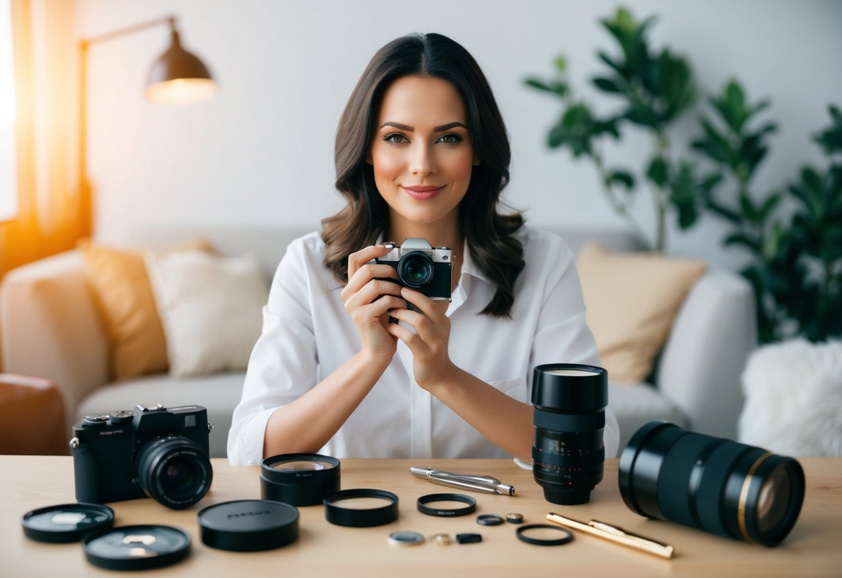 A woman surrounded by a few carefully chosen, high-quality items, rather than a large quantity of lower-quality items