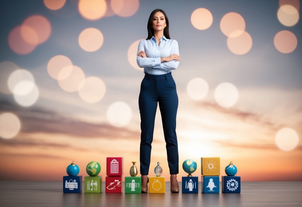 A confident woman standing tall, surrounded by 25 symbolic objects representing self-worth and independence