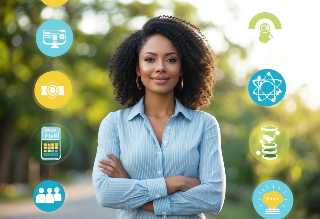 A woman confidently stands alone, surrounded by symbols of success and self-worth