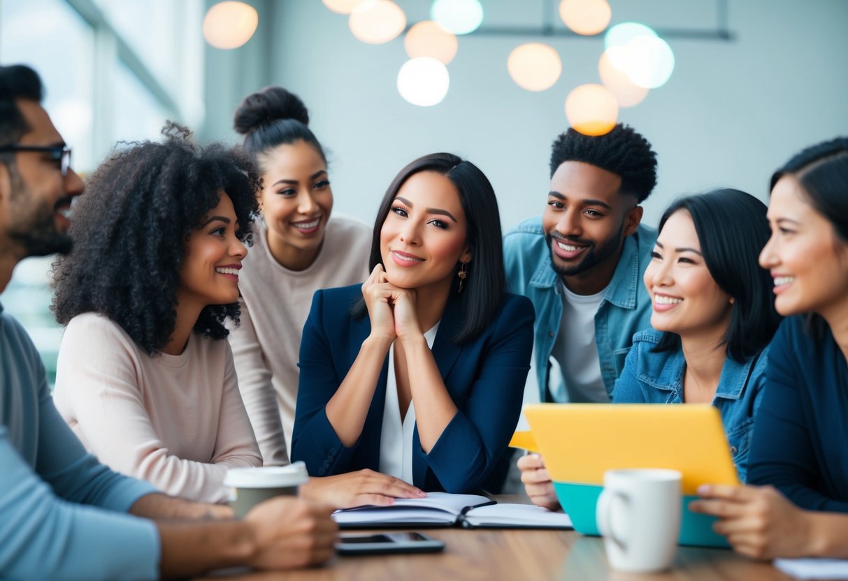 A confident woman calmly listens to feedback, surrounded by supportive friends and a positive environment