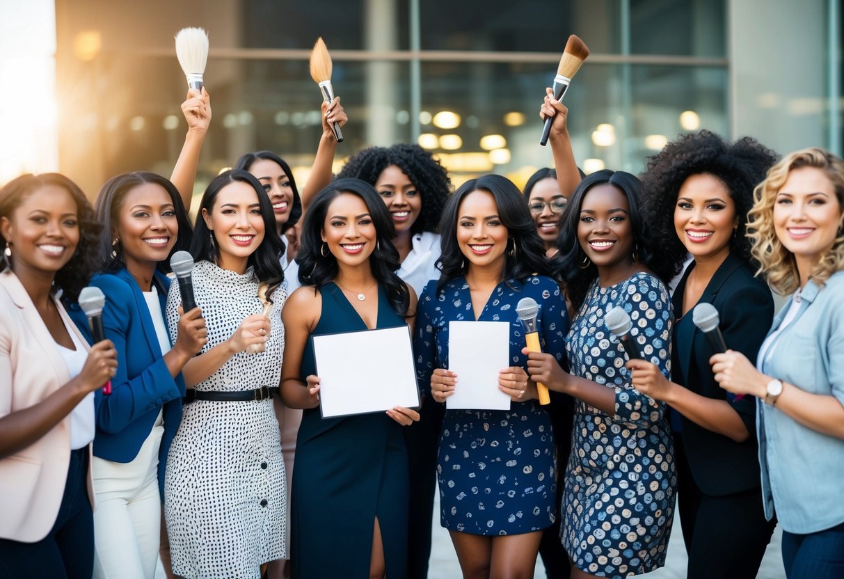 A group of diverse women stand together, each holding a symbol of their ambition, such as a diploma, paintbrush, or microphone. They smile and cheer each other on