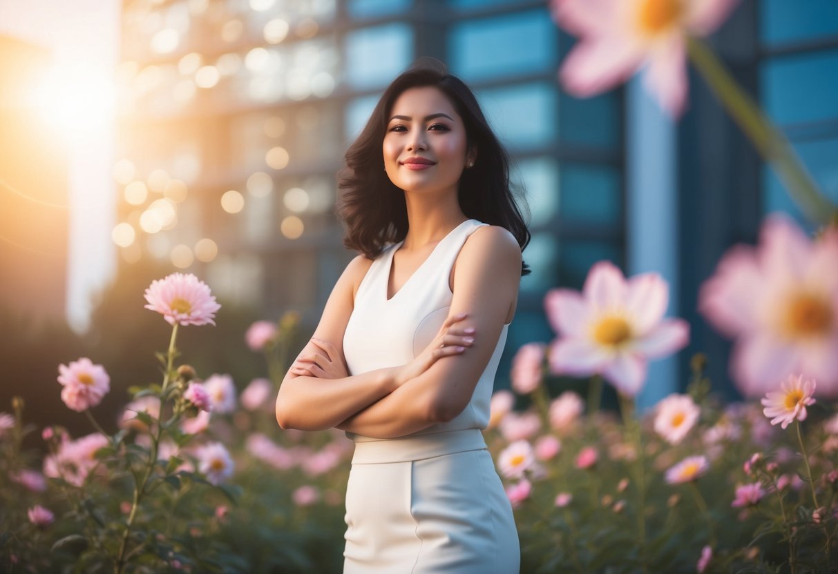 A woman confidently stands tall, surrounded by blooming flowers and a glowing aura