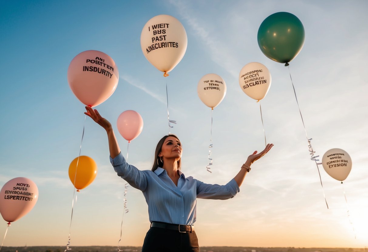 A woman stands tall, releasing balloons labeled with past insecurities. She exudes confidence and self-worth, surrounded by symbols of empowerment and strength