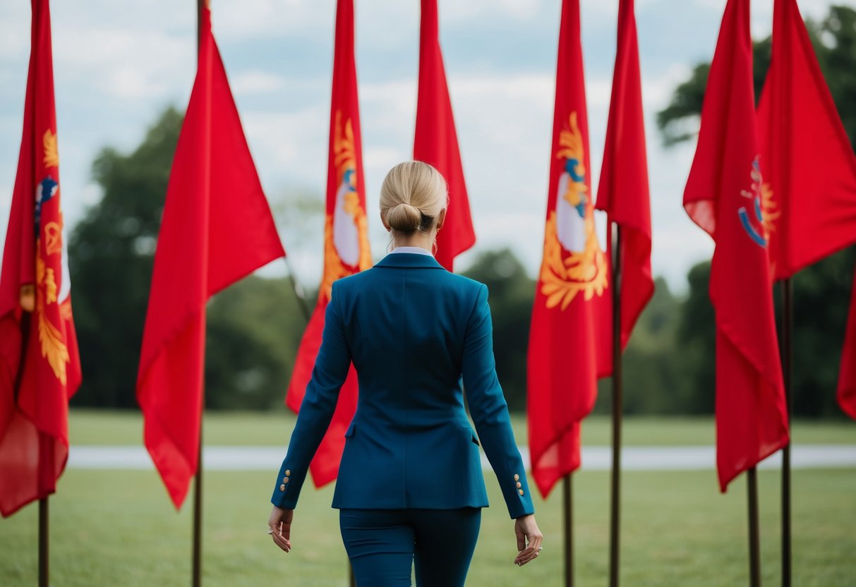 A woman confidently walks away from a series of red flags, her head held high, surrounded by symbols of strength and independence