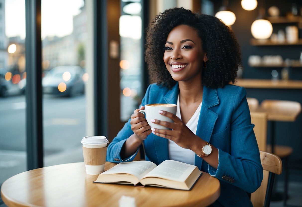 A confident woman sitting at a cafe, sipping on a cup of coffee while reading a book and smiling as she enjoys her own company