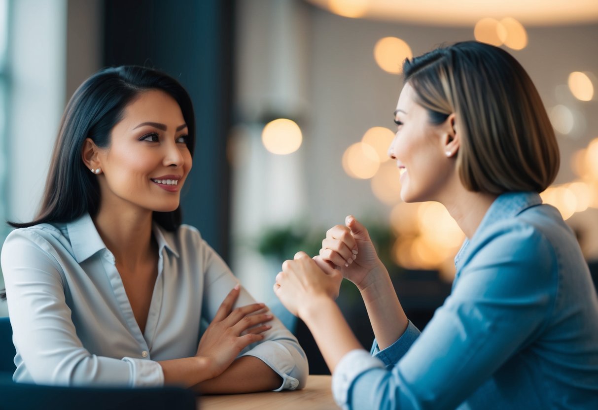 A confident woman engaging in meaningful conversation with a partner, displaying assertive body language and attentive listening