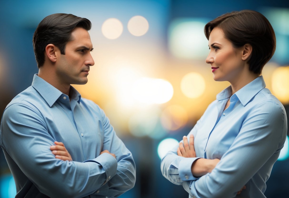 Two figures facing each other, one with arms crossed and a stern expression, the other with a calm demeanor and open body language