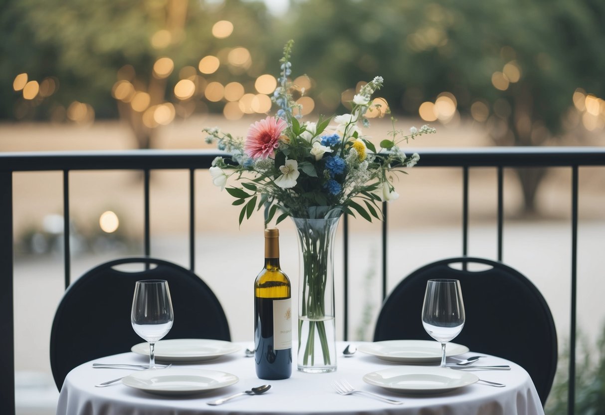 A table set for two with a vase of flowers, a bottle of wine, and two empty chairs facing each other