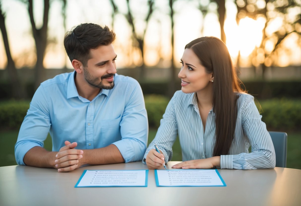 A couple sitting at a table with a list of questions in front of them, discussing the topic of having children