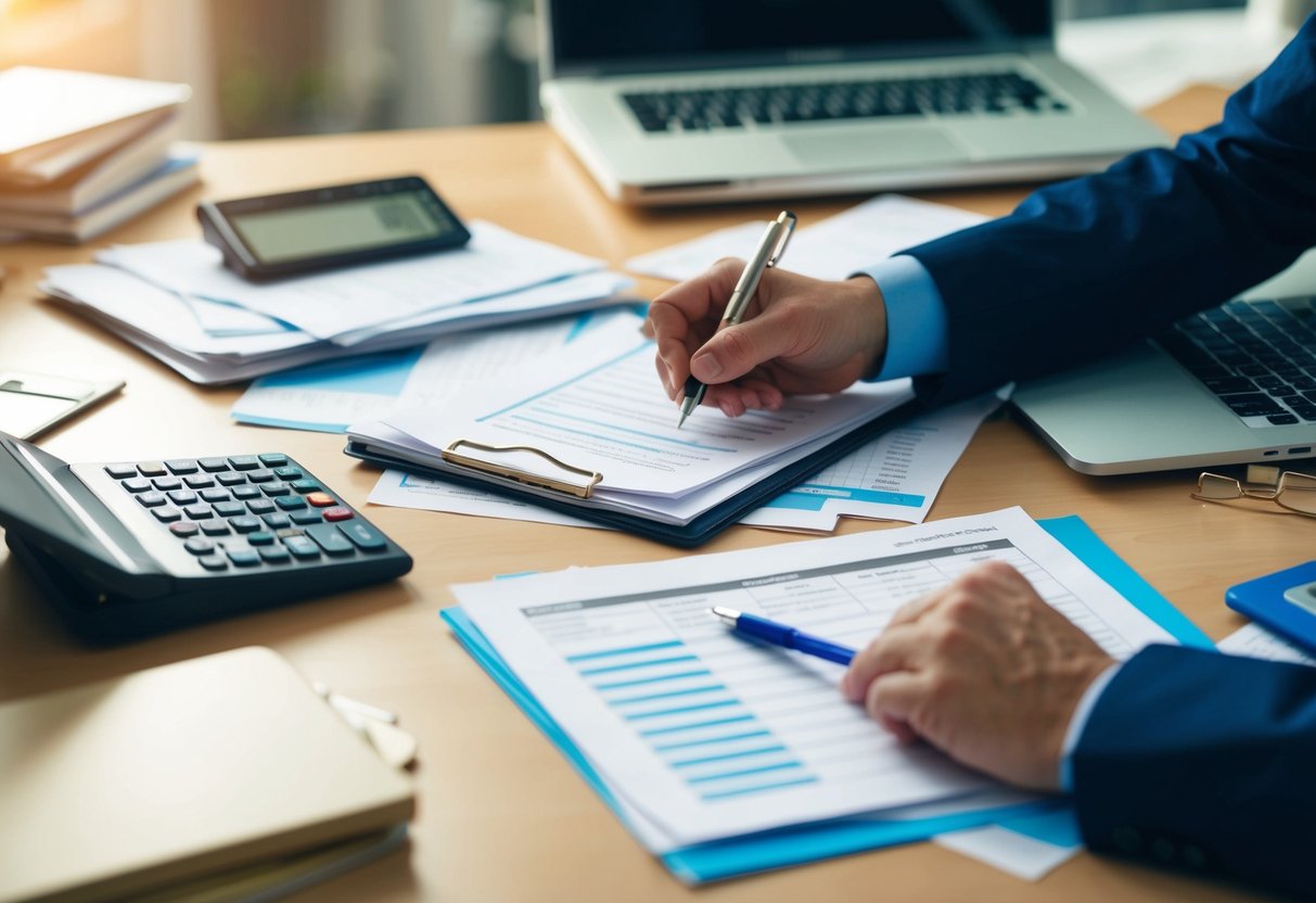 A cluttered desk with scattered papers, a calculator, and a laptop. A person's hand reaching for a pen to fill out a budget worksheet